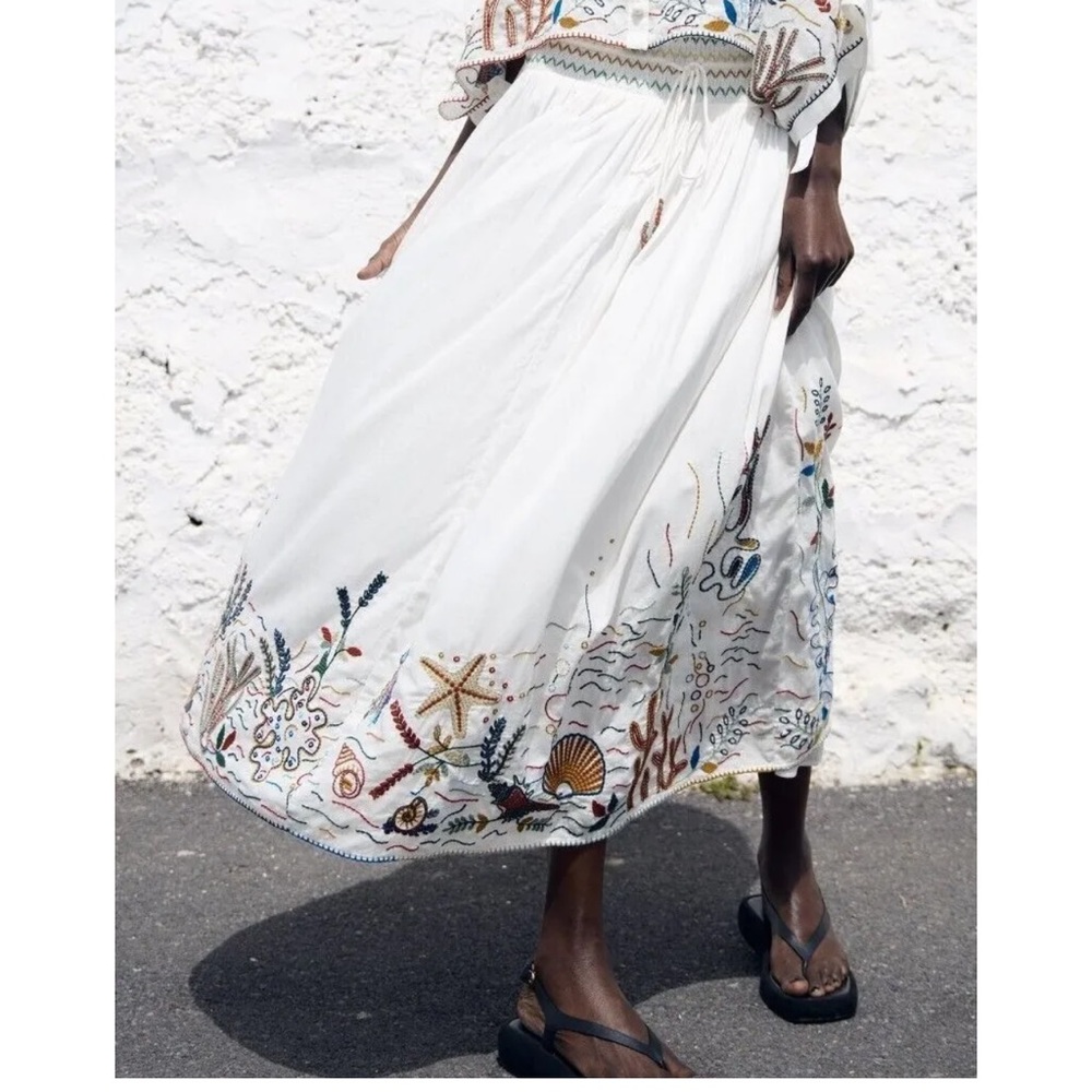 Zara LONG EMBROIDERED SKIRT Ecru - Picture 5 of 6